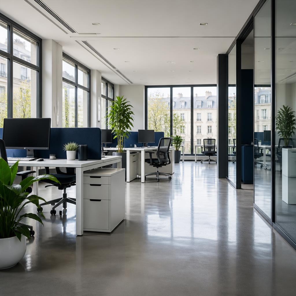 Illustration photoréaliste d’un bureau lumineux avec postes de travail et cloisons vitrées.